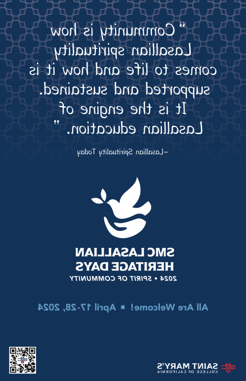 Blue poster announcing 2024 SMC Lasallian Heritage Days with the image of a handing holding a dove with a leaf in it's beak