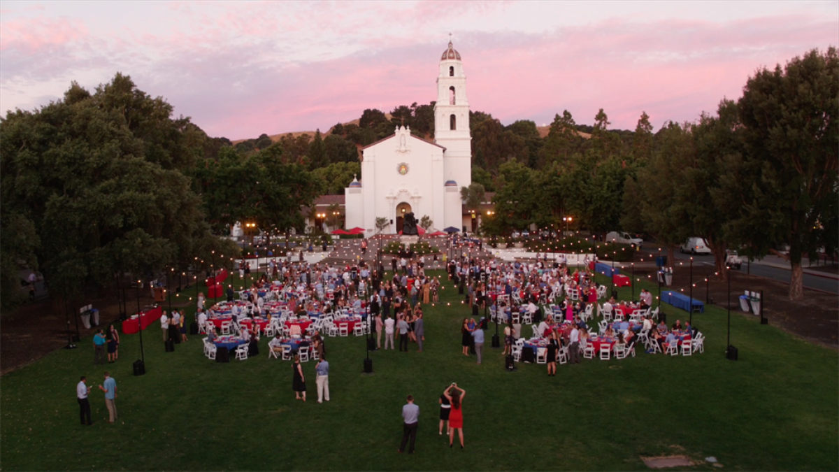 Aerial view of the chapel with guests on the lawn